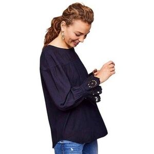 LOFT DARK BLUE WITH BLACK STRIPED LONG RUFFLE SLEEVE TOP BLOUSE SIZE XS NWT